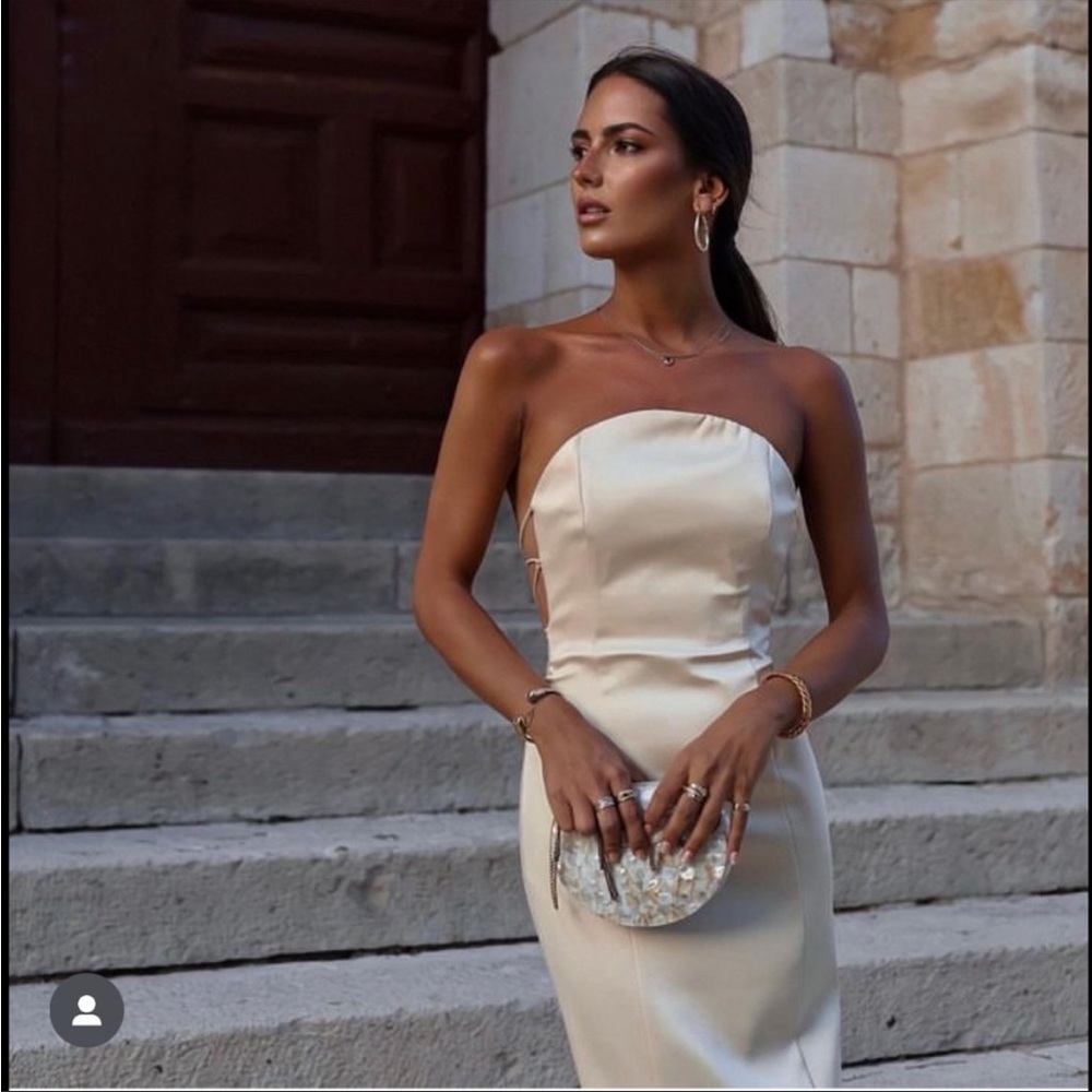Zara Champagne Satin Strapless Midi Dress - Picture 5 of 7